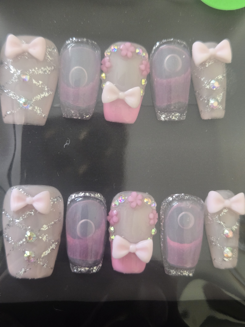 Pink & Clear Bow Floral Water Press-On Nails Handcrafted